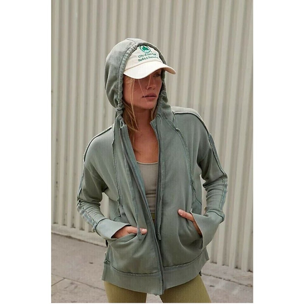 FP Movement Only One Zip Up Hoodie Jacket XS Pine Green High Low NWOT